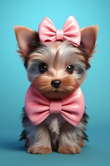 3D Illustration of a perky Yorkshire terrier puppy with a vibrant bow on its head ai generate