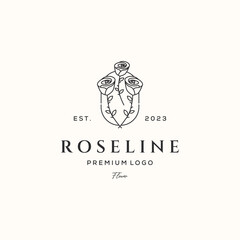 natural roseline flower line art logo vector minimalist illustration design, evergreen rose flowers logo design