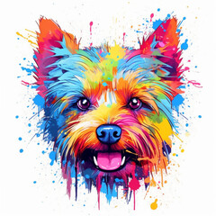 colorful rainbow realistic yorkshire terrier dog, t-shirt design. Illustration, AI generation.