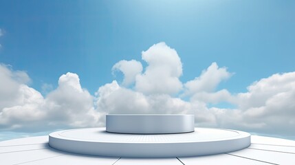 Podium on blue sky background with white clouds