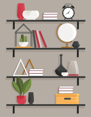Book shelves with decor items. Cartoon design style bookshelves with plant, boxes, vase and books. Home library on wall. Hanging shelf with decorations. Office or home furniture indoor design