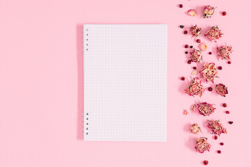 Autumn creative composition. Пустая тетрадь, открытый блокнот. Dried rose flowers, berries on white background. Autumn concept. Fall flower background. Flat lay, top view, copy space
