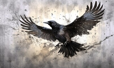 Naklejka premium Raven flying, watercolor, generative ai
