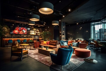 Dark lounge loft interior bar, generative ai