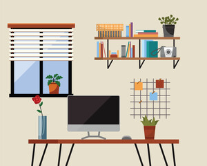 Home office interior. Vector illustration. Freelance or studying concept Workplace room, modern interior, cabinet Business workspace in room interior Workplace modern interior, home or office room pc