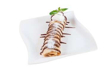 russian pancake with chocolate and ice cream on a white square plate