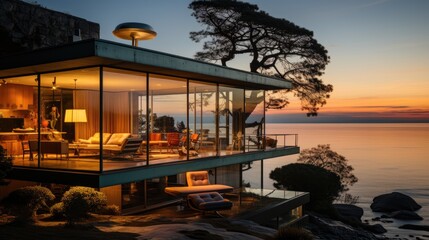 Fototapeta na wymiar Exterior photo of a modern style house overlooking the ocean. Generative AI