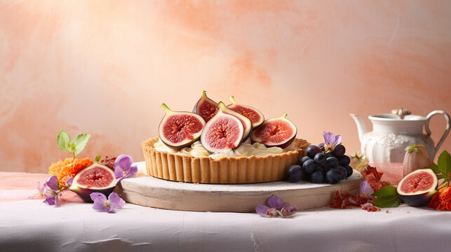 Decadent Fruit Tart Pie with Custard Filling in Golden Baked Crust - Topped with Fresh Fruits and Greenery - On Pastel Vintage Backdrop - Generative AI