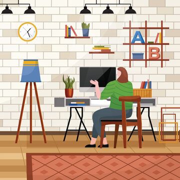 Home office. Interior vector illustration. Work from home. Freelance flexibility of working remotely New office has sleek and modern design Room layout optimizes natural light for pleasant working