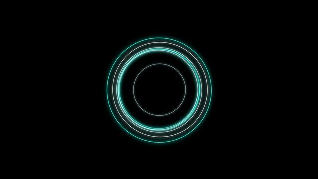 A lots of glowing blue neon rings on an isolated black background rotating chaotically around a center with a pulsating rising bright light. 4k loop video animation 60 fps.