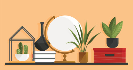 Wooden shelf with decor items. Cartoon design style bookshelf with different interior things potted plants, pile of books, globe and vase. Hanging shelf with decorations. Office or home furniture