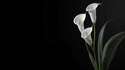 Deepest sympathy card with calla flower on black background. condolences on deaths. Funeral concept. copy space. digital ai art, Generative Ai - obrazy, fototapety, plakaty
