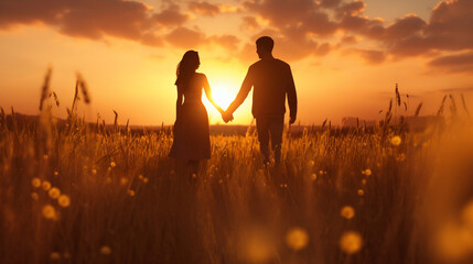 Couple holding hands in a field at sunset. concept passion and love, Generative Ai
