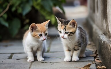 Naklejka na ściany i meble Curious Whiskers - Cute Little Kittens on a Street AI Generated