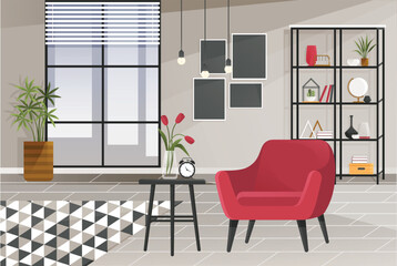 Home office interior. Vector illustration. Workspace for freelance job Modern interior with desktop Workplace or home office with stylish comfy furniture and modern home decorations in trendy hygge