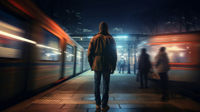 Long exposure picture with lonely young man shot from behind at subway station with blurry moving train and walking people in background, digital art, Generative Ai