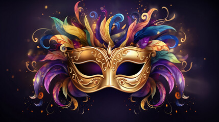 Mardi Gras masquerade mask. Venetian carnival celebration party. Colorful gold mystery theater festival background., Generative Ai - obrazy, fototapety, plakaty