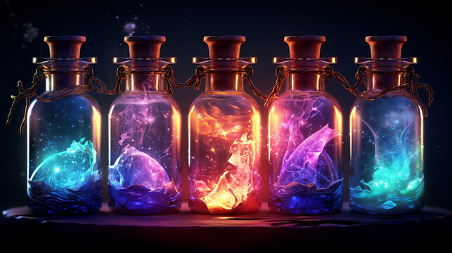 Magic bottles with magic elixirs for love spells, sorcery and divination. Magic illustration and alchemy. Digital ai art, Generative Ai