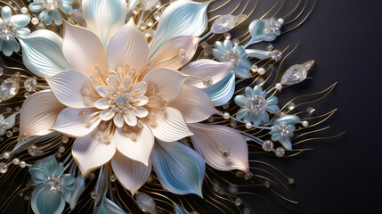 Pearl and satin flower jewelry and broaches. Digital Art. Shimmer and shine. Luxury Gems and Jewels. Background Wallpaper, Generative Ai