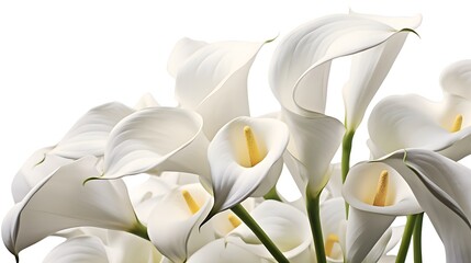 Beautiful white Calla Lilies on white background.  Calla Lillies. White. Background. Close-up. Wallpaper, Art, Print, Cards for Lifestyle Blogs / Magazines, Spring. Generative AI.	