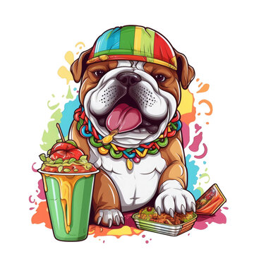 An English Bulldog sporting a Cinco de Mayo-inspired t-shirt, standing in a vibrant Mexican market square, Generative Ai