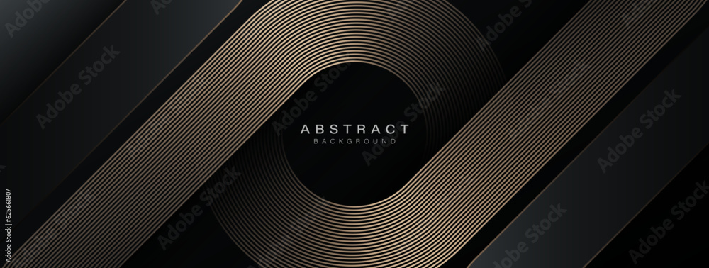 Wall mural abstract elegant black background with shiny gold geometric lines. modern golden diagonal rounded li