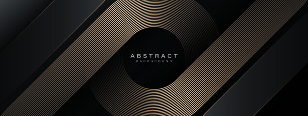Abstract elegant black background with shiny gold geometric lines. Modern golden diagonal rounded lines pattern. Luxury style. Horizontal banner template. Suit for cover, poster, presentation, banner - obrazy, fototapety, plakaty