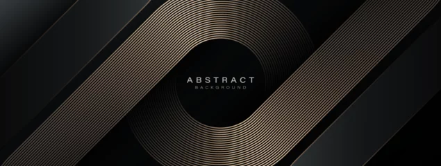 Tuinposter Abstract elegant black background with shiny gold geometric lines. Modern golden diagonal rounded lines pattern. Luxury style. Horizontal banner template. Suit for cover, poster, presentation, banner © MooJook