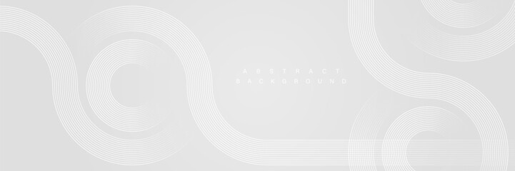 Grey abstract background with white circle lines. Geometric stripe line art design. Minimal lines pattern. Modern futuristic concept. Horizontal banner template. Suit for poster, cover, banner, web - obrazy, fototapety, plakaty