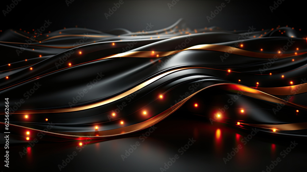 Poster abstract black wavy background with glowing lights. 3d render illustration. generative ai.