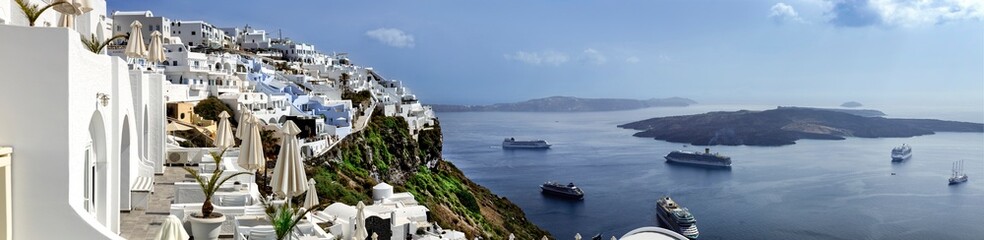 Santorini, Greece. Amazing view of fira city, blue cyclades and sea in Santorini. Location: Oia  Santorini, Greece.