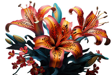 Stunning 3D illustration of a vibrant tiger lily, perfect for exotic machine embroidery designs ai generate