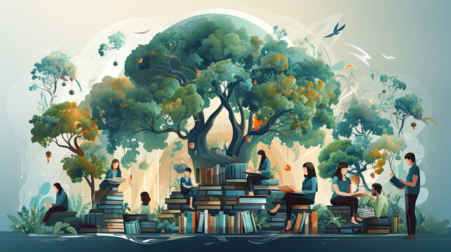 Vector illustration of a group of people reading books in the park. Generative AI.