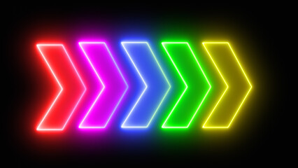 Multicolor neon sign arrow. Colorful and shining neon arrows and light sign. Set of bright neon vector arrows.  Arrow vector icon.