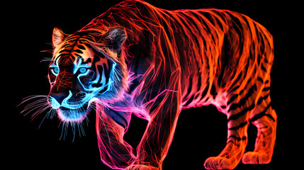 Tiger Lion Animal Plexus Neon Black Background Digital Desktop Wallpaper HD 4k Network Light Glowing Laser Motion Bright Abstract