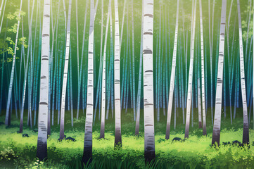 Fototapeta premium Lush green forest with numerous tall, slender white birch trees and vibrant grass, creating a serene natural landscape background.