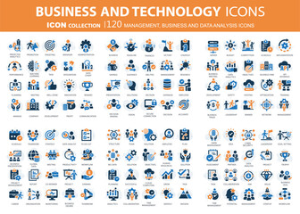 Business, data analysis, organization management and technology icon set. Teamwork, strategy, planning, marketing, cloud technology, data analysis, employee icon set. Icons vector collection - obrazy, fototapety, plakaty
