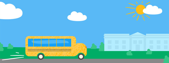 Yellow school bus arriving to school. Abstract landscape. Flat cartoon vector illustration, elements are isolated