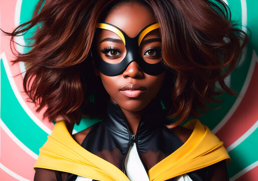 Super hero, A woman with a African american appearance is a super hero wearing an eye maskant. Generative AI.