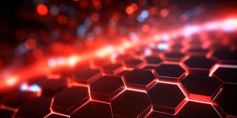 Abstrakter futuristischer Hintergrund mit roten Hexagons. Datenübertragung Konzept - erstellt mit KI  - obrazy, fototapety, plakaty