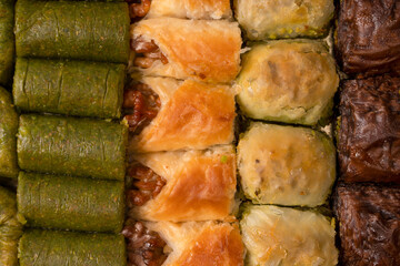 A variety of turkish sweet baklava. Walnut baklava.