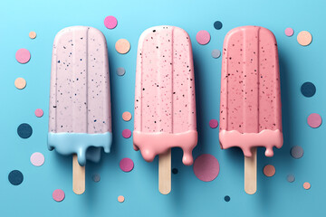 Three Popsicle on pastel background. Assortment of cold summer fruit popsicles isolated on a blue...