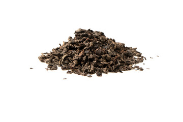 Dried tea leaves isolated on a white background.