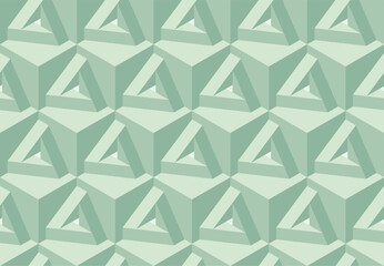 Green seamless vector 3D geometric pattern with cubes and optical illusions. Op Art. Modern pastel color template for wrapping, cards, fabric, packing. Endless background. Wallpapers. 3D Tile