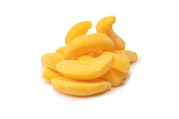 Juicy colorful jelly banana sweets isolated on white.