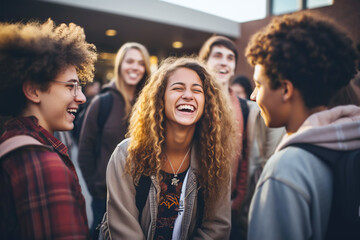 Fototapeta premium Multiracial Diverse Students happy to meet after the holidays in College or University