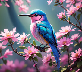 Colorful Hummingbird Perching on Flowering Branch in Nature. Vibrant hummingbird perches on pink flowers in nature's colorful beauty created with Generative AI technology