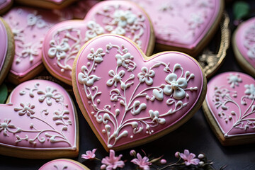 Fototapeta na wymiar heart shaped cookies with ornaments, pink cookies 