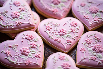 heart shaped cookies with ornaments, pink cookies 