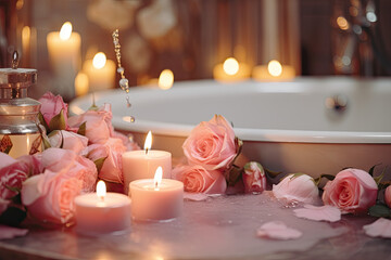 Cozy candles with flowers in the bathroom near the bath